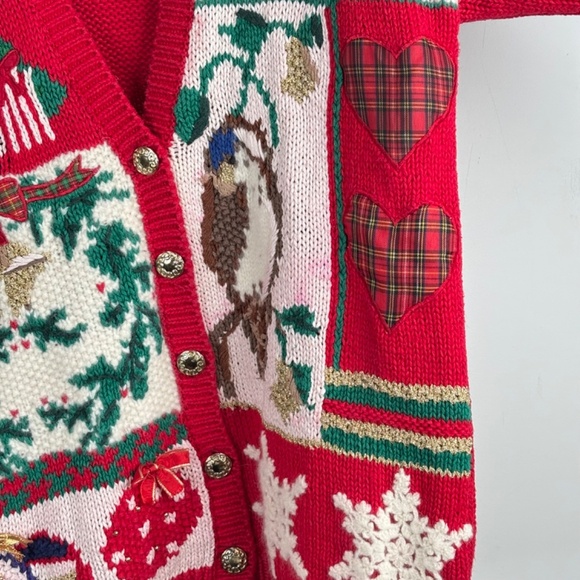 VTG 90s Xmas Cardigan P Patchwork Ugly Christmas Sweater Granny Bird Poinsettia - Picture 4 of 11